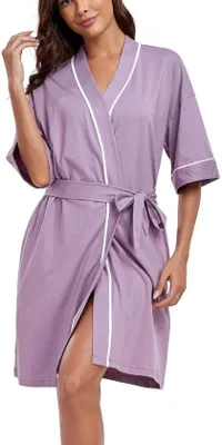 Produktbild von COLORFULLEAF Damen-Bademantel, leicht, 100 % Baumwolle, kurzer Sommer-Hausmantel, Kimono-Stil, Sauna, 3/4-Ärmel, Bademantel, Nachtwäsche mit 2 Taschen (Taro-Lila, XL)