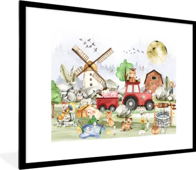 Produktbild von MuchoWow® Gerahmtes Poster Bauernhof - Traktor - Kinder - Tiere 80x60 cm - Poster mit Schwarzem Bilderrahmen Wandposter Rahmen Foto Bilder - Schlafzimmer-Dekorationen - Fotoposter