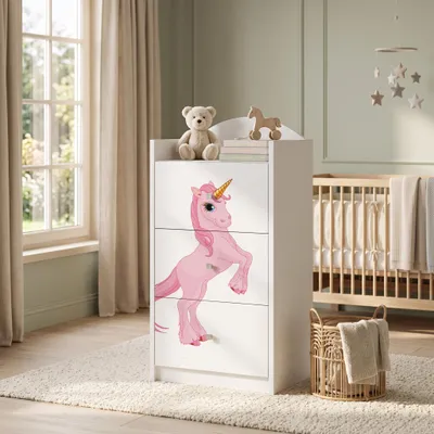 Produktbild von Kinderkommode Weiß mit 3 Schubladen, Schubladenkommode mit schönem Aufdruck, Wäschekommode Kinderzimmer Babyzimmer Unisex