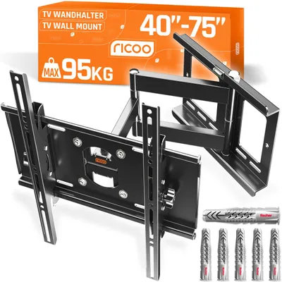Immagine prodotto di Supporto a muro per TV RICOO, con braccio articolato e tasselli Fischer, per schermi da 40-75 pollici. Supporto a muro per televisori piatti OLED, modello R23-F, con braccio articolato e inclinabile, capacità fino a 95 kg e compatibile con standard VESA 400x400