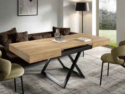 Produktbild von Elano - moderner Esstisch und Couchtisch in einem in Halifax Eiche mit schwarzen Metallfüßen und Hochwertige Verarbeitung