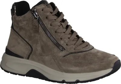 A single gray high-top sneaker with laces and a side zipper is shown against a white background.