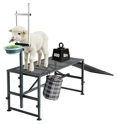 Obrázok produktu pre VEVOR dojaci box pre kozy, nosnosť 272 kg, s rampou a krmítkom, nastaviteľnou hlavou a úložným košom na náradie, určený na starostlivosť o srsť a pazúry, kovová platforma pre ovce a jahňatá, rozmer 1295x584x838 mm, čierna farba