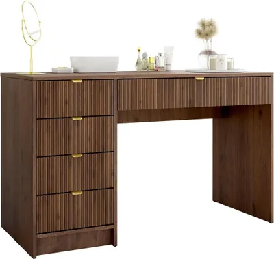Produktbild von MIRJAN24 Schreibtisch / Schminktisch Tireno mit 5-Schubladen, Fronten gefräst, Aluminiumgriffe in der Farbe Gold, universell - Links / Rechts (Farbe: Nuss Okapi)