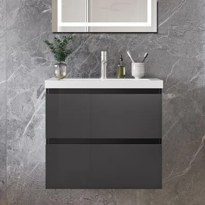 Produktbild von 60 cm Badmöbel-Set Unterschrank mit Mineralguss waschtisch 2 Schubladen soft-close Hochglanz Anthrazit Selbstmontierter
