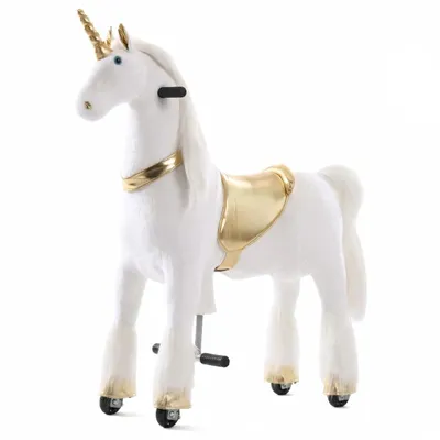 Produktbild von Vrooomy Einhorn auf Rollen Kinder Reittier Groß (6–9 Jahre) – Mechanisches Reitpferd mit Lenkung & Galoppfunktion – Plüsch Reittier Indoor & Outdoor – Bunt/Gold