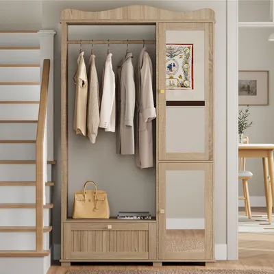 Image de Armoire Abrihome avec miroir, tiroir et 2 portes, armoire avec penderie ouverte, chêne
