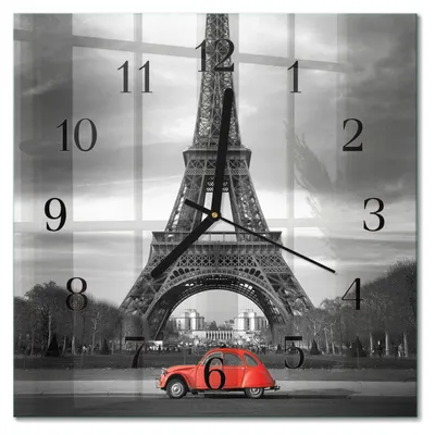 Produktbild von Tulup Glasuhr Wanduhr Küchenuhr Echt-Glas 30x30 cm Modern Dekorativ Geräuschlos Schwarzen Zeigern - Eiffelturm-Auto