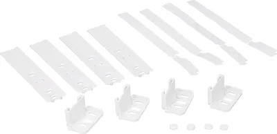 A collection of white plastic parts for mounting a sliding door on a refrigerator-freezer combination.