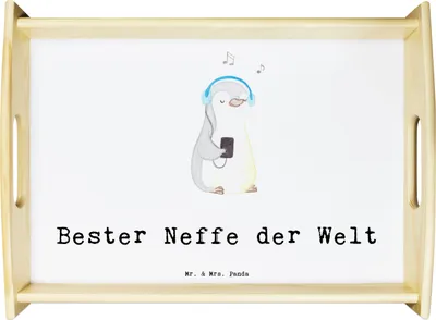 Produktbild von Mr. & Mrs. Panda Holztablett Pinguin Bester Neffe der Welt - Weiß - Geschenk, Tablett, Servier, Patenkind, Serviertablett, Taufe, holz, aus, Patentante, Geschenkidee