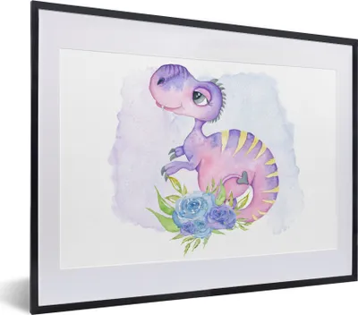 Produktbild von MuchoWow® Gerahmtes Poster Dinosaurier - Kinderzimmer - Lila - Mädchen - Kinder - Kinder 40x30 cm - Poster mit Schwarzem Bilderrahmen Wandposter Rahmen Foto Bilder - Bilderrahmen - Poster im Rahmen