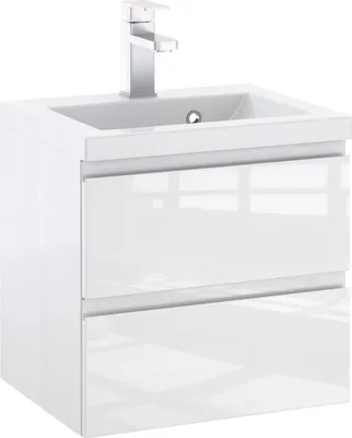 Produktbild von Furni Badunterschrank 50 cm Weiß Hochglanz lackiert – Vormontierter Waschbeckenunterschrank mit Griffmulde, Hängend, 2 Schubladen