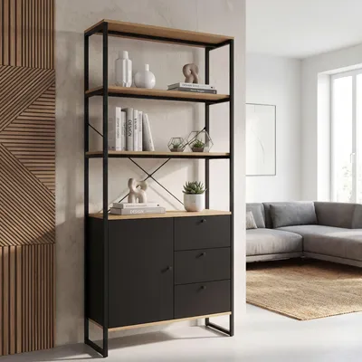 Produktbild von FineBuy Bücherregal MDF Metall 180cm Eiche Nachbildung Schwarz Rechteckig Design Standregal Mehrzweckregal Holzoptik hoch Regal mit Schubladen und Tür