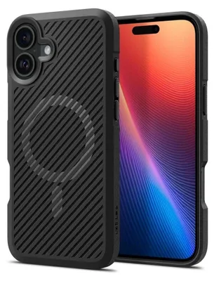 A black iPhone case with a diagonal ribbed texture and a circular MagSafe magnet is shown next to an iPhone with a colorful abstract wallpaper.
