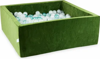 Produktbild von Bällebad 110x110x40 Samtig weich Olive – Mit 600 Bällen / transparent, perlmutt, metallic türkis