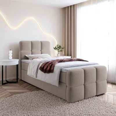 Produktbild von Einzelbett SALA MINI mit Bettkasten, Boxspringbett mit Bonellfederkern-Matratze und Bouclé-Stoff (100x200, Cappuccino - Fredo 05, topper T25)