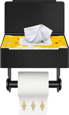 Imagen del producto de Soporte para papel higiénico Unyqoos® con espacio de almacenamiento y dispensador oculto para toallitas húmedas – Acero inoxidable mate negro, autoadhesivo o para fijación con tornillos, para montaje en pared