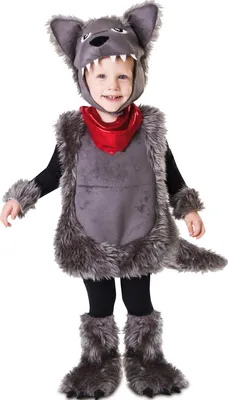 A child wearing a wolf costume.