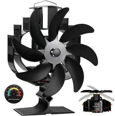 Produktbild von 8-flügeliger Kaminofen-Ventilator aus Aluminium mit Thermometer, wärmebetrieben und leise für Holz- und Gasöfen