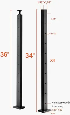 Zdjęcie produktu dla Słupki balustrady linowej 91 cm stal nierdzewna, otwory montażowe, czarne