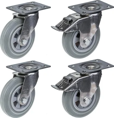Produktbild von 160 mm (6") Edelstahlrolle mit grauer Gummilauffläche, schwenkbar und mit Feststeller, 540 kg, 4er-Set