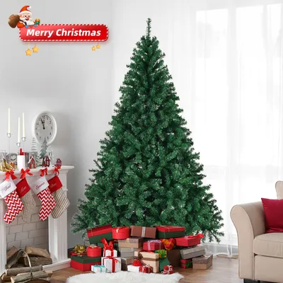 A decorated Christmas tree with presents underneath, next to a fireplace with stockings.