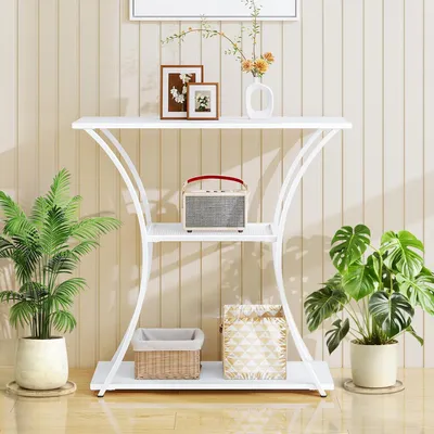 Immagine prodotto di Tavolo consolle in metallo, a 3 ripiani, con griglia, stretto, bianco, 80x30x78,5 cm