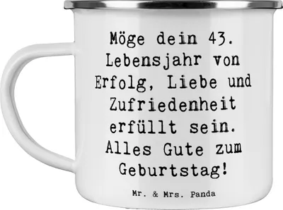 Produktbild von Mr. & Mrs. Panda Emaille Tasse Spruch 43. Geburtstag Glück - Weiß - Geschenk, Happy Birthday, Teetasse, Alter, Kaffeepott, Geburtstagswunsch, Geburtstagsgeschenk, becher
