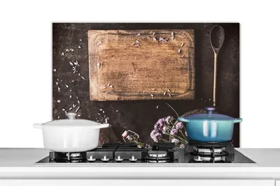 Obrázok produktu pre MuchoWow® Splashback Kuchyňa - Kuchynský backsplash - Ochrana steny pre sporák a drez Doska na krájanie - Bylinky - Lyžica - Kuchyňa - Rustikálne -