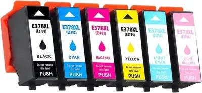 A set of six ink cartridges for a printer, arranged in a row.