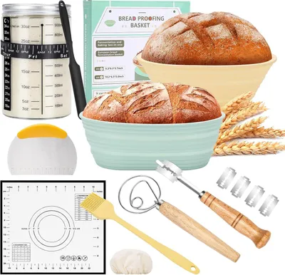 Produktbild von Famanu Sauerteig Starterset mit Gärformen - Set mit 2 Gärformen (rund 23 cm und oval 25 cm) und Glasstarterbehälter 1000 ml
