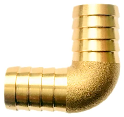 Produktbild von L-Stück Schlauchverbinder aus Messing mit Außendurchmesser 10 mm und 2 Edelstahl-Schellen für Winkel- und Bogenverbindungen