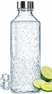 Obrázok produktu pre Sklenená fľaša na vodu 1000 ml zdobená reliéfom, číra, kovový skrutkovací uzáver, Počet kusov v balení: 1