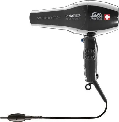 A black Solis hair dryer with its cord.