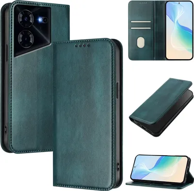 Obrázek produktu pro Pouzdro pro Tecno Pova 5, vintage kožené pouzdro s RFID ochranou, přihrádkami na karty, stojánkem Zelený