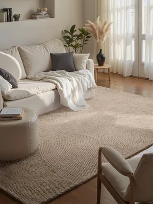 Imagen del producto de Alfombra Woltapijt Eleni: alfombra de lana natural para el salón, hecha a mano con técnica de "tufting". Estilo "hygge", escandinavo y bohemio, ideal para salón, dormitorio, comedor o pasillo. Color: beige claro