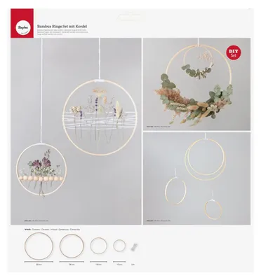 Produktbild von Rayher Bambus Ringe mit Kordel, Set 5-teilig, Holzringe 12, 18, 26, 30 cm ø + 3