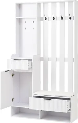 Produktbild von Merax 6-in-1 Garderoben-Set mit Schuhbank und Sitzkissen, Kompakt-Garderobe in Weiß, 100x30x180 cm, Flurschrank mit Haken, Schubladen und Kippschutz