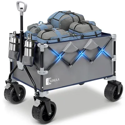 Produktbild von SUNULA 200KG Bollerwagen Faltbar Breite Reifen Transportwagen mit Getränkehalter, Grau