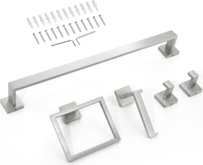 Produktbild von SucceBuy Badezimmer Hardware Zubehör Set aus Edelstahl 304 (5-teilig) mit Handtuchstange, Handtuchhalter (quadratischer Ring), 2 Haken und Toilettenpapierhalter, für Wandmontage im Badezimmer, Silber