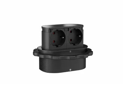 Produktbild von Quellmalz Piccolino Steckdosenelement, versenkbar, schwarz, 2 Schuko-Steckdosen, Kunststoff/Metall, 111.70x47.50x67.80mm, für Arbeitsplatten & Schubladen, max. 3500W, 16A