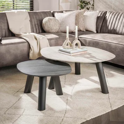Produktbild von Hoyz Collection – Twin Log Couchtisch-Set (2-teilig) – 3D-Keramik-Travertin Schwarz-Grau