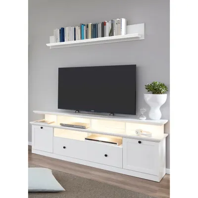Produktbild von TV Schrank Kombination weiß Landhausstil BERGAMA-19 mit Wandregal und Beleuchtung, B/H/T: ca. 177/196/41 cm