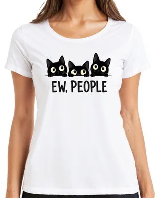 Immagine prodotto di T-shirt da donna, colore bianco, taglia 3XL, con stampa che raffigura persone, gatti neri, gattini che sbirciano, con un messaggio ironico e un design carino