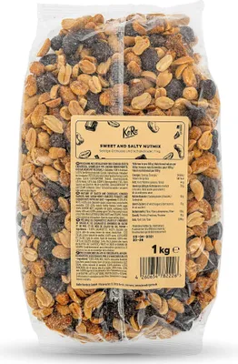 A clear, well-lit image of a bag of sweet and salty nut mix, showing the product packaging and its contents.