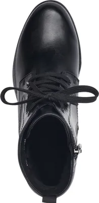 A top-down view of a black lace-up boot with a zipper on the side.