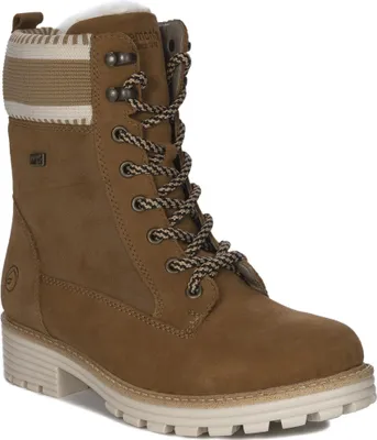 A single brown lace-up boot is shown against a white background.