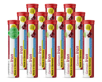 Produktbild von German Eisen Brausetabletten 12x20 Stk. - Kirsch Geschmack – 14 mg Eisen Zuckerfrei – T&D Pharma – Germany