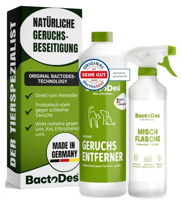 Produktbild von BactoDes Animal Geruchsentferner 1 L – Effektiver Enzymreiniger gegen Tiergerüche wie Katzenurin u. v. m., Konzentrat mit Misch- & Sprühflasche