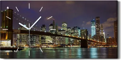 Produktbild von Wandkunst Leinwand Bild Uhr 60x30 Gemälde Stadt Gebäude Fluss Brücke Nacht - weiße Hände